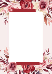 Pink and red vector frame with foliage pattern background with flora and flower