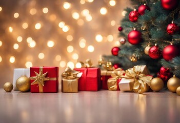 Room Filled with Christmas Cheer and Bokeh Lights Merry Christmas ornaments. Red and Gold Christmas gifts and lights Christmas tree and Beautiful Christmas gift boxes on the floor in the room.