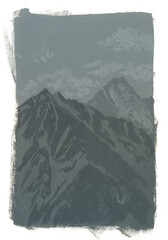 Gouache landscape with mountains in the grisaille technique