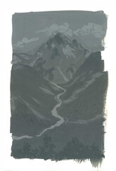 Gouache landscape with mountains and river in the grisaille technique