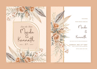 Beige rose elegant wedding invitation card template with watercolor floral and leaves