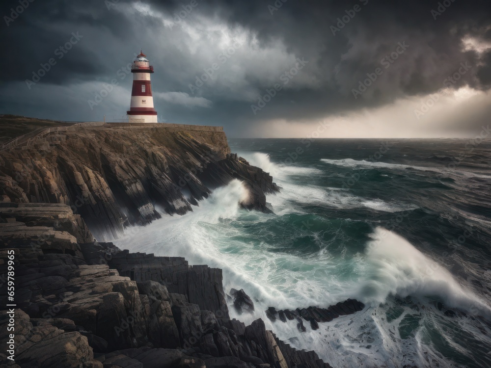 Wall mural lonely lighthouse on a rocky coast during a storm, with waves crashing and lightning