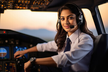 Young and confident woman pilot sitting in airplane cockpit