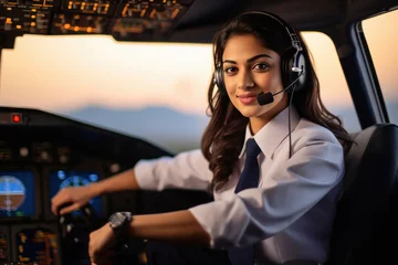 Tuinposter Young and confident woman pilot sitting in airplane cockpit © PRASANNAPIX