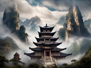Ancient temple in a mountain range, surrounded by misty clouds and tall peaks