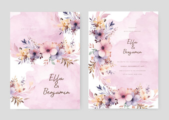 Pink and purple violet orchid elegant wedding invitation card template with watercolor floral and leaves