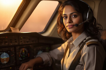Young and confident woman pilot sitting in airplane cockpit