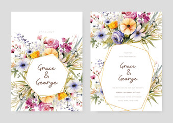 Colorful colourful orchid and rose artistic wedding invitation card template set with flower decorations