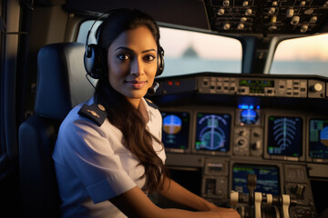 Young and confident woman pilot sitting in airplane cockpit - obrazy, fototapety, plakaty