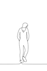 woman walks away hunched over with her hands in her pockets - one line art vector. concept leaving, sad gait, bad posture, sad woman leaving