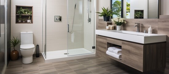 Home bathroom with shower sink and tiled floor