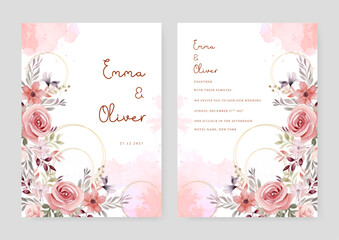 Pink rose and orchid wedding invitation card template with flower and floral watercolor texture vector