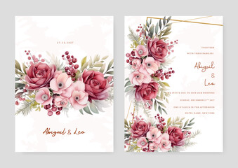 Fototapeta na wymiar Pink and red rose and poppy elegant wedding invitation card template with watercolor floral and leaves