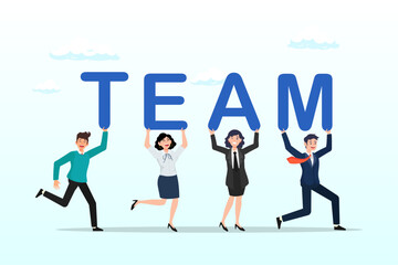 Business team people walking together holding the word TEAM, team working together to win business success, teamwork, cooperation or collaboration, coworker partnership or office colleagues (Vector)