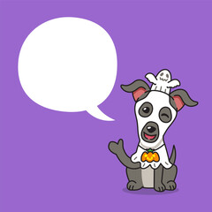 Cartoon greyhound dog with halloween costume and speech bubble for design.