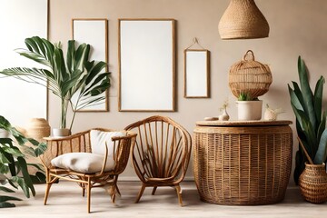 Stylish interior design of living room with wooden retro commode, chair, tropical plant in rattan , basket and elegant personal accessories. Mock up poster frame on the wall. Template. Home decor.