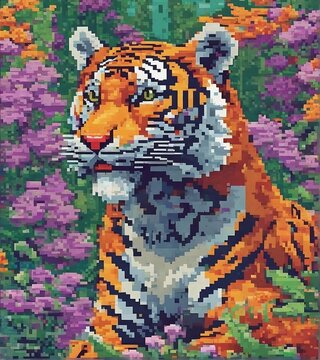 A Regal Tiger Amidst a Garden of Flowers - 8 Bit Art | Tiger in the flower garden