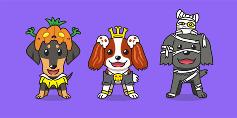 Vector cartoon cute dogs with halloween costumes for design.