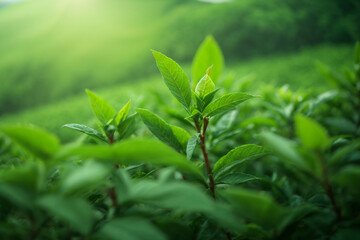 Obraz premium Green tea bud and leaves. Green tea plantations in the morning. Generative AI.