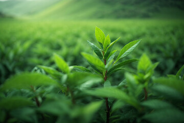 Green tea bud and leaves. Green tea plantations in the morning. Generative AI.