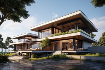 Fototapeta premium Images of modern and simple villas Comfortable spacious view with swimming pool with surrounding trees.