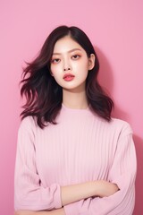 Fototapeta premium Elegant woman in pink sweater with crossed arms against a pink background