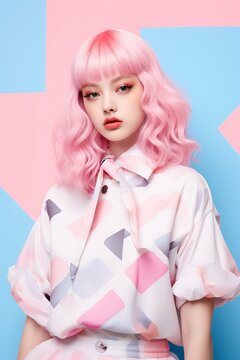 Pink-haired woman in geometric patterned blouse against blue background