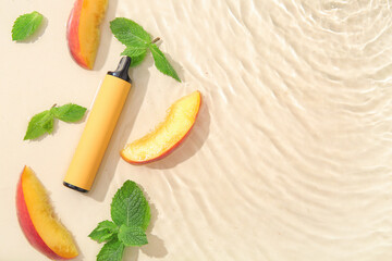 Electronic cigarette with peach and mint in water on beige background