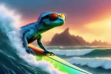 Foto op Plexiglas A lizard on a surfboard. Generative AI © BYun