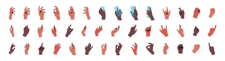 A large set of hands of different races. Vector illustration of hands on white background. - obrazy, fototapety, plakaty