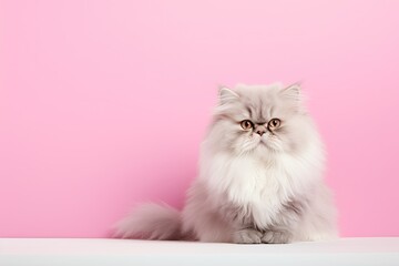 Fototapeta premium White persian cat on pink background with copy space. Studio shot