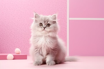 White persian cat on pink background with copy space. Studio shot