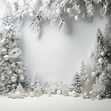 Christmas background of very bright light tones and whites of trees and accessories