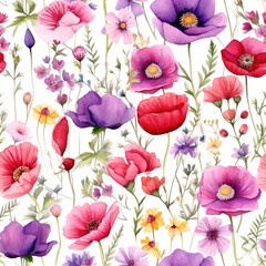 Watercolor Wildflowers Daisie Poppie Digital Paper Seamless Patterns Sublimation Background