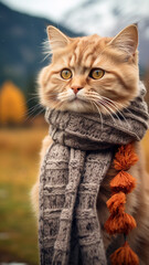 vertical autumn view, cute cat in autumn clothes on a landscape background, autumn joke funny picture