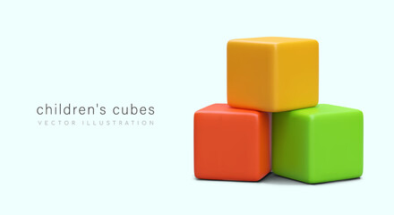 Children multicolored cubes. Educational toy. Study of colors and shapes. Realistic vector illustration. Concept for children studios, groups, preschool educational institutions