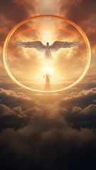vertical background heavenly landscape, angel in heaven in the light of the sun with wings on the background of sunset, religious faith concept - obrazy, fototapety, plakaty
