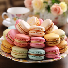Obraz premium Gentle macaroons on table close-up, ai technology