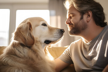 closeup of a smiling young Caucasian man standing on a living room couch, gently comforting his anxious golden retriever dog