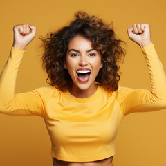 Girl shout loud yeah fist up raise win lottery isolated bright shine color background, ai technology