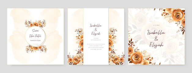 Fototapeta premium Gold rose set of wedding invitation template with shapes and flower floral border