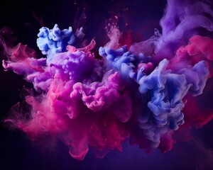 Fototapeta premium Cloudy smoke closeup, evaporates from bottle neck, blue purple and pink colors Generative AI