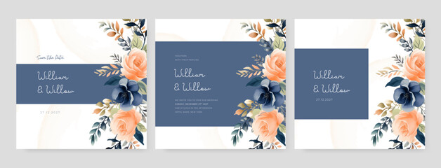 Orange and blue rose artistic wedding invitation card template set with flower decorations