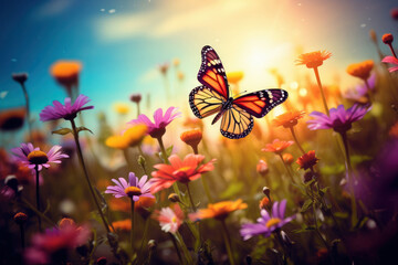 Blossom glide Butterfly gracefully above a vibrant flower field. AI Generative touch adds to the mesmerizing beauty of this captivating scene.