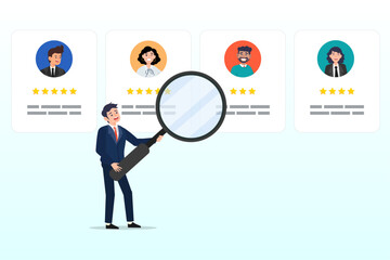 Business people HR with magnifier to choose choose candidate resume, recruitment hiring process to choose candidate to fit job position, HR Human Resources recruiting people fill in vacancy (Vector) 