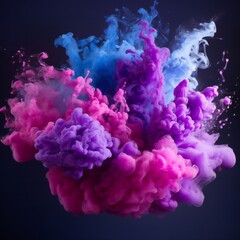 Fototapeta premium Cloudy smoke closeup, evaporates from bottle neck, blue purple and pink colors Generative AI