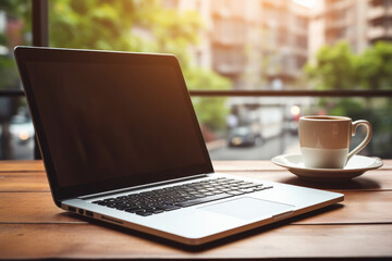 Fototapeta premium A laptop awaits on a wooden table in the heart of nature. AI Generative digital workspace in a serene environment.