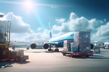 Busy scene on the tarmac as cargo is loaded onto a modern passenger plane at the airport. AI Generative transport.