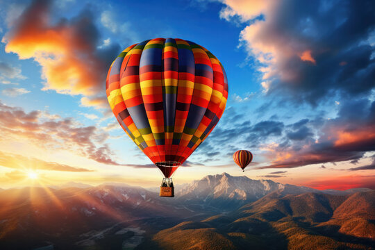 Tranquil mountain escape Hot air balloon ride offers a serene experience amidst breathtaking landscape. AI Generative beauty in the skies.