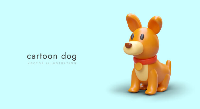 3D dog in cartoon style. Toy animal. Little pet. Colored puppy with collar. Concept of children toys. Advertisement of store, event, exhibition. Vector template